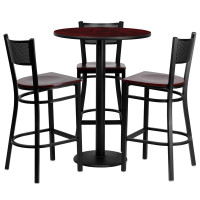 Flash Furniture 30'' Round Mahogany Laminate Table Set with 3 Grid Back Metal Bar Stools - Mahogany Wood Seat MD-0017-GG