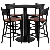 Flash Furniture 36'' Round Black Laminate Table Set with 4 Grid Back Metal Bar Stools - Cherry Wood Seat MD-0018-GG