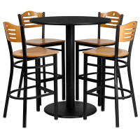 Flash Furniture 36'' Round Black Laminate Table Set with 4 Wood Slat Back Metal Bar Stools - Natural Wood Seat MD-0020-GG