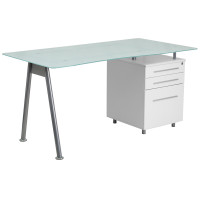 Flash Furniture NAN-WK-021-GG Computer Desk with Glass Top and Three Drawer Pedestal in Frost