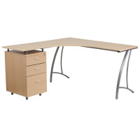 Flash Furniture NAN-WK-113-GG Beech Laminate L-Shape Desk with Three Drawer Pedestal in Beechwood