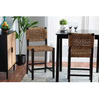 bali & pari Alise-Mahogany-CS Alise Modern Bohemian Dark Brown Mahogany Wood and Seagrass Counter Stool