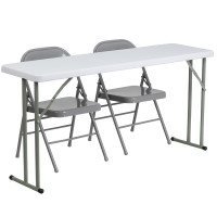 Flash Furniture RB-1860-1-GG 60'' Plastic Folding Training Table with 2 Gray Metal Folding Chairs