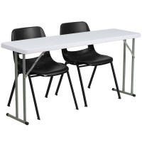 Flash Furniture RB-1860-2-GG 60'' Plastic Folding Training Table with 2 Black Plastic Stack Chairs