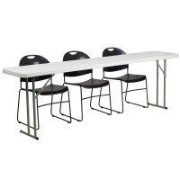 Flash Furniture RB-1896-1-GG 96'' Plastic Folding Training Table with 3 Black Plastic Stack Chairs