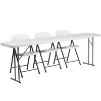 Flash Furniture RB-1896-2-GG 96'' Plastic Folding Training Table with 3 White Plastic Folding Chairs in White