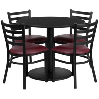 Flash Furniture 36'' Round Black Laminate Table Set with 4 Ladder Back Metal Chairs - Burgundy Vinyl Seat RSRB1005-GG