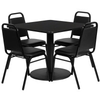 Flash Furniture 36'' Square Black Laminate Table Set with 4 Black Trapezoidal Back Banquet Chairs RSRB1009-GG