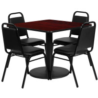 Flash Furniture 36'' Square Mahogany Laminate Table Set with 4 Black Trapezoidal Back Banquet Chairs RSRB1010-GG