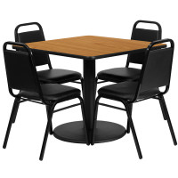 Flash Furniture 36'' Square Natural Laminate Table Set with 4 Black Trapezoidal Back Banquet Chairs RSRB1011-GG