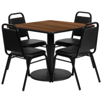Flash Furniture 36'' Square Walnut Laminate Table Set with 4 Black Trapezoidal Back Banquet Chairs RSRB1012-GG