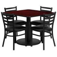 Flash Furniture 36'' Square Mahogany Laminate Table Set with 4 Ladder Back Metal Chairs - Black Vinyl Seat RSRB1014-GG