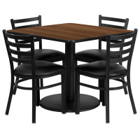 Flash Furniture 36'' Square Walnut Laminate Table Set with 4 Ladder Back Metal Chairs - Black Vinyl Seat RSRB1016-GG