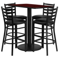 Flash Furniture 24'' x 42'' Rectangular Mahogany Laminate Table Set with 4 Ladder Back Metal Bar Stools - Black Vinyl Seat RSRB1018-GG