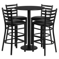 Flash Furniture 30'' Round Black Laminate Table Set with 4 Ladder Back Metal Bar Stools - Black Vinyl Seat RSRB1021-GG