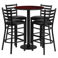 Flash Furniture 30'' Round Mahogany Laminate Table Set with 4 Ladder Back Metal Bar Stools - Black Vinyl Seat RSRB1022-GG