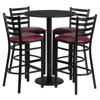 Flash Furniture 30'' Round Black Laminate Table Set with 4 Ladder Back Metal Bar Stools - Burgundy Vinyl Seat RSRB1025-GG