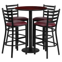 Flash Furniture 30'' Round Mahogany Laminate Table Set with 4 Ladder Back Metal Bar Stools - Burgundy Vinyl Seat RSRB1026-GG