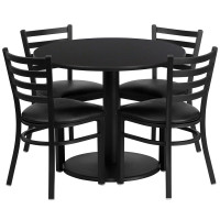 Flash Furniture 36'' Round Black Laminate Table Set with 4 Ladder Back Metal Chairs - Black Vinyl Seat RSRB1029-GG