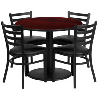 Flash Furniture 36'' Round Mahogany Laminate Table Set with 4 Ladder Back Metal Chairs - Black Vinyl Seat RSRB1030-GG