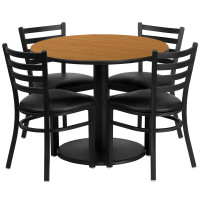 Flash Furniture 36'' Round Natural Laminate Table Set with 4 Ladder Back Metal Chairs - Black Vinyl Seat RSRB1031-GG