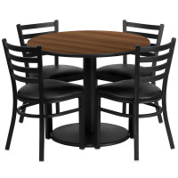 Flash Furniture 36'' Round Walnut Laminate Table Set with 4 Ladder Back Metal Chairs - Black Vinyl Seat RSRB1032-GG