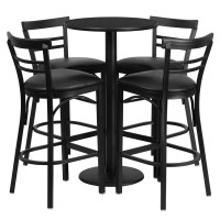 Flash Furniture 24'' Round Black Laminate Table Set with 4 Ladder Back Bar Stools - Black Vinyl Seat RSRB1033-GG