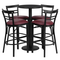 Flash Furniture 24'' Round Black Laminate Table Set with 4 Ladder Back Metal Bar Stools - Burgundy Vinyl Seat RSRB1037-GG
