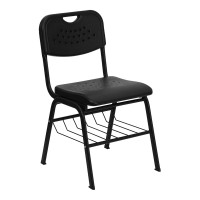 Flash Furniture Hercules Series 880 lb. Capacity Black Plastic Chair with Black Powder Coated Frame and Book Basket RUT-GK01-BK-BAS-GG