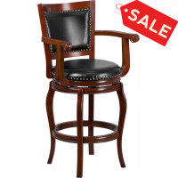 Flash Furniture TA-21259-CHY-GG 30" High Cherry Wood Barstool With Black Leather Swivel Seat