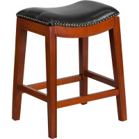 Flash Furniture TA-411026-LC-GG 26'' High Backless Light Cherry Wood Counter Height Stool with Leather Seat in Black