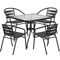 Flash Furniture TLH-0732SQ-017CBK4-GG Table and 4 Stack Chair Set in Black
