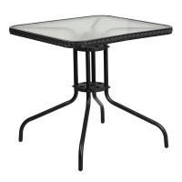 Flash Furniture TLH-073R-BK-GG 28" Square Tempered Glass Metal Table with Black Rattan Edging