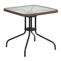 Flash Furniture TLH-073R-DK-BN-GG 28" Square Tempered Glass Metal Table with Dark Brown Rattan Edging