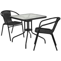 Flash Furniture TLH-073SQ-037BK2-GG 28" Square Glass Metal Table with Black Rattan Edging and 2 Black Rattan Stack Chairs