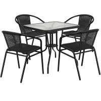 Flash Furniture TLH-073SQ-037BK4-GG 28" Square Glass Metal Table with Black Rattan Edging and 4 Black Rattan Stack Chairs
