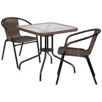 Flash Furniture TLH-073SQ-037BN2-GG 28" Square Glass Metal Table with Dark Brown Rattan Edging and 2 Dark Brown Rattan Stack Chairs