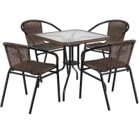 Flash Furniture TLH-073SQ-037BN4-GG 28" Square Glass Metal Table with Dark Brown Rattan Edging and 4 Dark Brown Rattan Stack Chairs