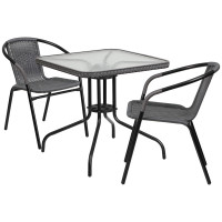 Flash Furniture TLH-073SQ-037GY2-GG 28" Square Glass Metal Table with Gray Rattan Edging and 2 Gray Rattan Stack Chairs
