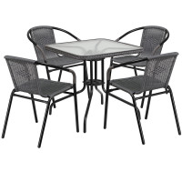 Flash Furniture TLH-073SQ-037GY4-GG 28" Square Glass Metal Table with Gray Rattan Edging and 4 Gray Rattan Stack Chairs