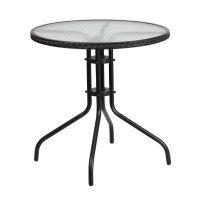 Flash Furniture TLH-087-BK-GG 28" Round Tempered Glass Metal Table with Black Rattan Edging