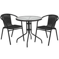 Flash Furniture TLH-087RD-037BK2-GG 28" Round Glass Metal Table with Black Rattan Edging and 2 Black Rattan Stack Chairs