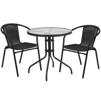 Flash Furniture TLH-087RD-037BK2-GG 28" Round Glass Metal Table with Black Rattan Edging and 2 Black Rattan Stack Chairs