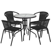 Flash Furniture TLH-087RD-037BK4-GG 28" Round Glass Metal Table with Black Rattan Edging and 4 Black Rattan Stack Chairs