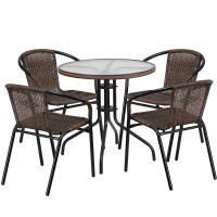 Flash Furniture TLH-087RD-037BN4-GG 28" Round Glass Metal Table with Dark Brown Rattan Edging and 4 Dark Brown Rattan Stack Chairs