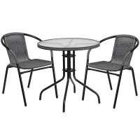 Flash Furniture TLH-087RD-037GY2-GG 28" Round Glass Metal Table with Gray Rattan Edging and 2 Gray Rattan Stack Chairs