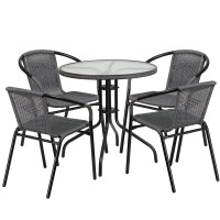 Flash Furniture TLH-087RD-037GY4-GG 28" Round Glass Metal Table with Gray Rattan Edging and 4 Gray Rattan Stack Chairs