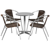 Flash Furniture TLH-ALUM-24RD-020CHR4-GG 23.5" Round Aluminum Indoor-Outdoor Table with 4 Rattan Chairs
