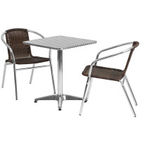 Flash Furniture TLH-ALUM-24SQ-020CHR2-GG 23.5" Square Aluminum Indoor-Outdoor Table with 2 Rattan Chairs