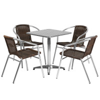 Flash Furniture TLH-ALUM-24SQ-020CHR4-GG 23.5" Square Aluminum Indoor-Outdoor Table with 4 Rattan Chairs